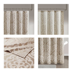 JLA Home Madison Park - Jacquard shower curtain with raised damask medallion weave on stria grey ground, 72x72, washable Tan/Ivory MP70-8084