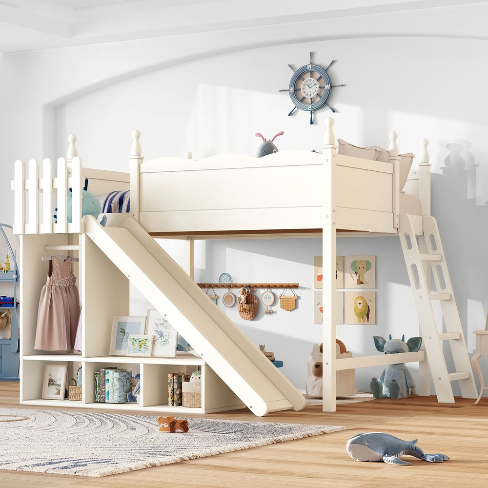 English Elm Twin Loft Bed Solid Pine Frame with Wardrobe Shelving Detachable Slide Kids Room Beige W5305S00023