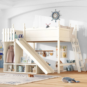English Elm Twin Loft Bed Solid Pine Frame with Wardrobe Shelving Detachable Slide Kids Room Beige W5305S00023