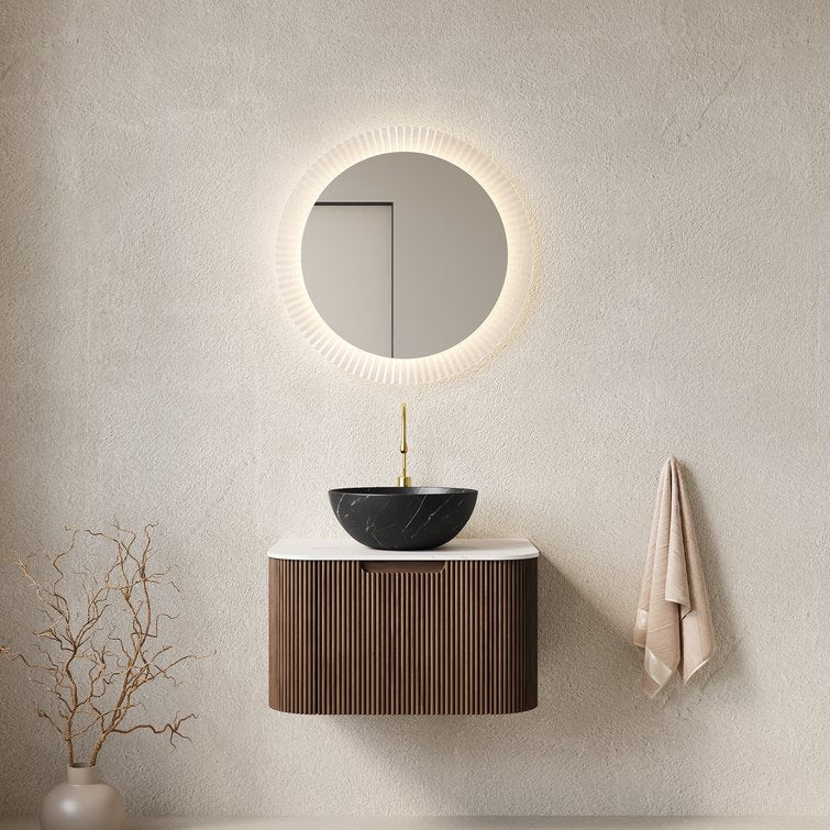 English Elm Dina Floating Bathroom Vanity with Sintered Stone Top and Crystal Glass Basin Black,Carrara White,Dark Walnut W2615S00425