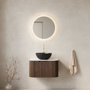 English Elm Dina Floating Bathroom Vanity with Sintered Stone Top and Crystal Glass Basin Black,Carrara White,Dark Walnut W2615S00425