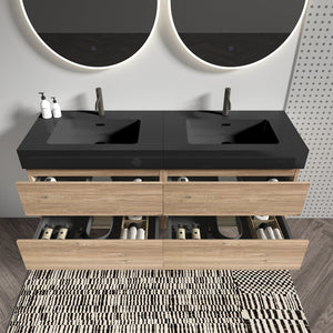 English Elm Grace 60" Bathroom Vanity Wall-Mounted Floating Mid-Century Modern Walnut Grille, Quiet Soft-Close Drawers and One-Piece White Basin (ECO) Black+Brown W1865S00168