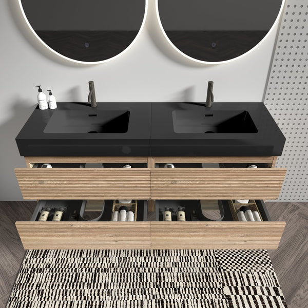 English Elm Grace 60" Bathroom Vanity Wall-Mounted Floating Mid-Century Modern Walnut Grille, Quiet Soft-Close Drawers and One-Piece White Basin (ECO) Black+Brown W1865S00168