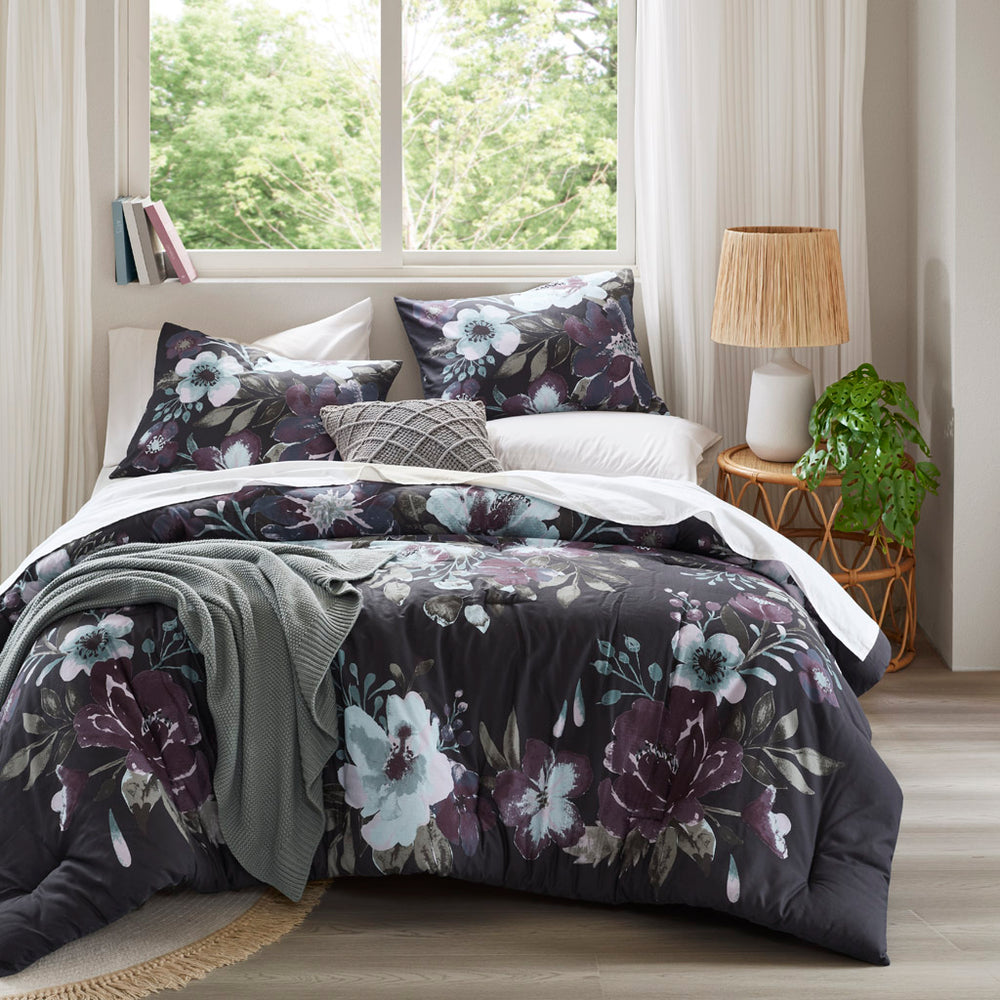 JLA Home Madison Park - 3 Cotton Printed Comforter Set with Dark Grey & Plum Floral Design, Breathable 100% Cotton Face, Machine Washable Elegance 92 L x 104 W x 1.5H MP10-8491