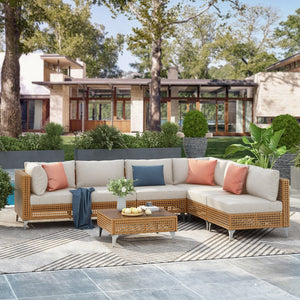 English Elm K&k 7 Piece Outdoor Modular Sectional Wicker Sofa Set with Tempered Glass Coffee Table Beige,Orange N707S000011Z