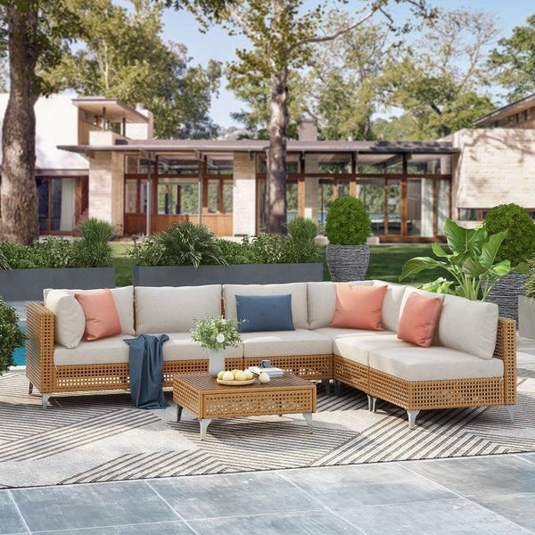 English Elm K&k 7 Piece Outdoor Modular Sectional Wicker Sofa Set with Tempered Glass Coffee Table Beige,Orange N707S000011Z