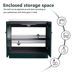 English Elm 36" Freestanding Bathroom Vanity with Resin Sink, Soft-Close Doors, Adjustable Shelf & Metal Handles Dark Green W999S00274