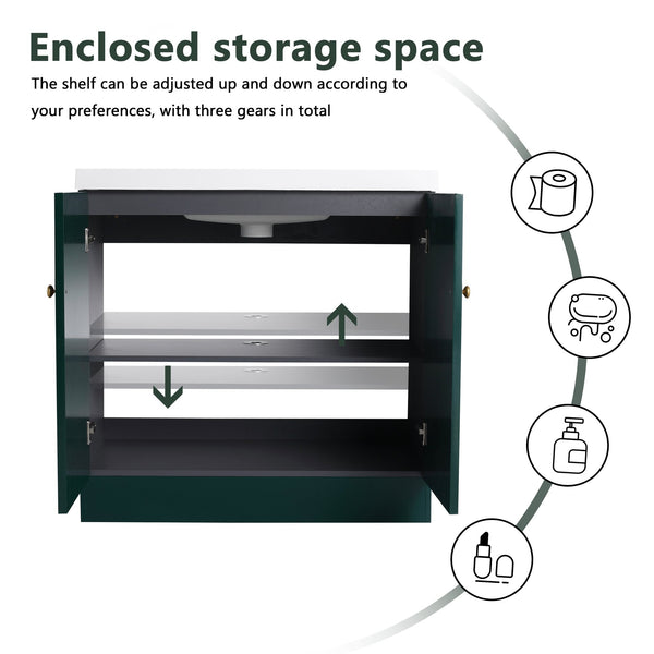 English Elm 36" Freestanding Bathroom Vanity with Resin Sink, Soft-Close Doors, Adjustable Shelf & Metal Handles Dark Green W999S00274