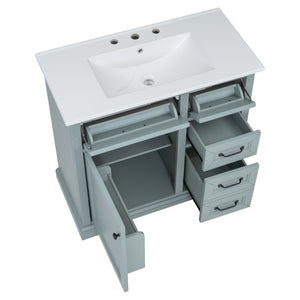 English Elm [video] 36 Inch Freestanding Bathroom Vanity Rubberwood Cabinet with Ceramic Sink Storage Grey N759P313315F