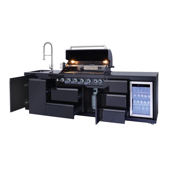 English Elm Outdoor Kitchen Island with 6 Burner Gas Grill Sink Refrigerator Stainless Steel W5007S00008