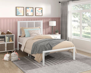 English Elm 1pc Twin Platform Bed with Dark Metal Frame and Faux Cane Panel Headboard, Coastal Casual Design, No Box Spring Needed White 47.25 L x 28 W x 3.75 H B011P214039