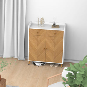 English Elm Shoe Cabinet 4-Tier with 2 Drawers and Doors, Herringbone MDF Top, Adjustable Shelves for Entryway White W3383P361252