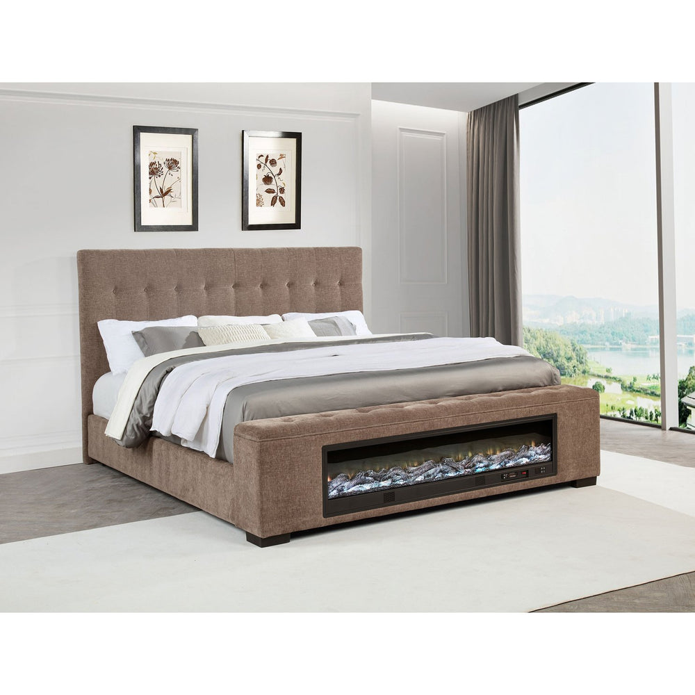 English Elm Crombie Queen Upholstered Bed with Flame Footboard Bluetooth Speaker Brown Fabric B062S01665