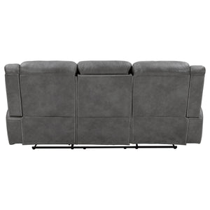 English Elm Hudson Grey Faux Leather Motion Sofa with Dual Recliners, Cupholders, Pop-Up Outlet & Drawer B062P357810