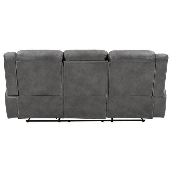 English Elm Hudson Grey Faux Leather Motion Sofa with Dual Recliners, Cupholders, Pop-Up Outlet & Drawer B062P357810