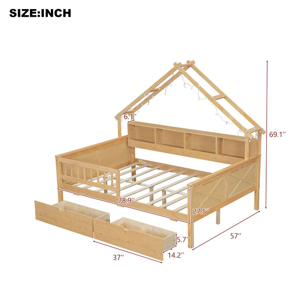 English Elm Wood Full Size Gaming Loft Bed with Integrated Desk, Shelves, LED Lighting & Hanging Clothes Rack Natural N7090001044N