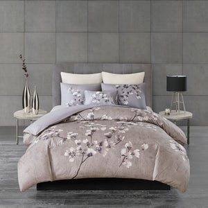 JLA Home N Natori - 3 Cotton Sateen Comforter Set with Lilac Cherry Blossom Print, OEKO‑TEX, Overfilled Hotel-Quality Luxury 96 L x 92 W x 1.5H NS10-3255