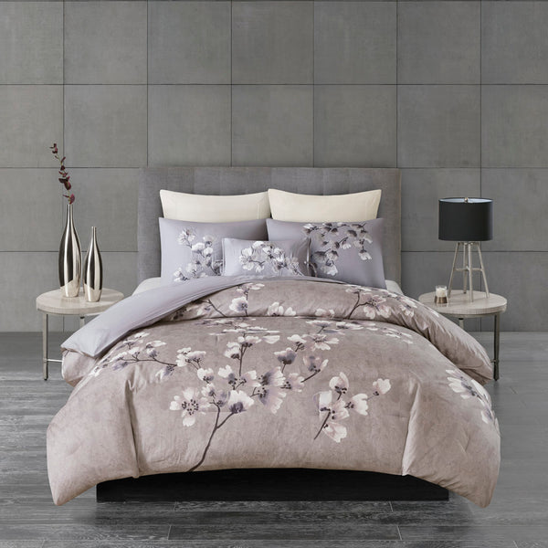 JLA Home N Natori - 3 Cotton Sateen Comforter Set with Lilac Cherry Blossom Print, OEKO‑TEX, Overfilled Hotel-Quality Luxury 96 L x 92 W x 1.5H NS10-3255