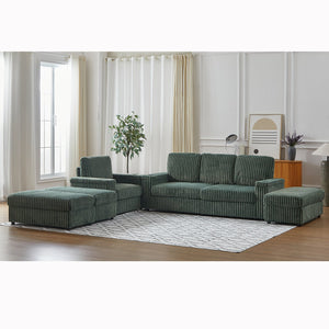 English Elm Corduroy minimalist coffee table conversion sofa set with cup grooves, recliner comfort and L-shaped layout for hosting Green W834S00549