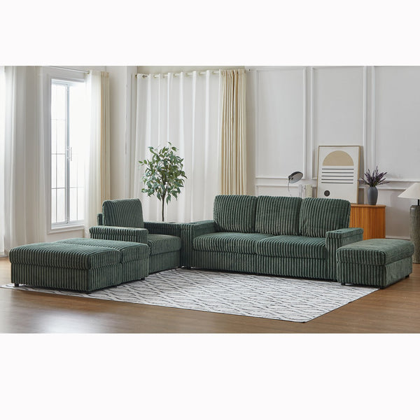 English Elm Corduroy minimalist coffee table conversion sofa set with cup grooves, recliner comfort and L-shaped layout for hosting Green W834S00549