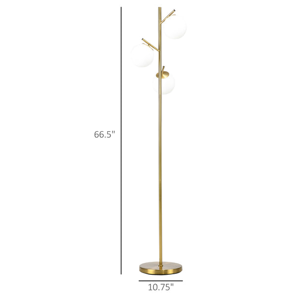 English Elm HOMCOM Gold 3-Light Modern Tree Floor Lamp with Globe Shades, Steel Base, Foot Switch, 66.5" H, E26 W2225P173948