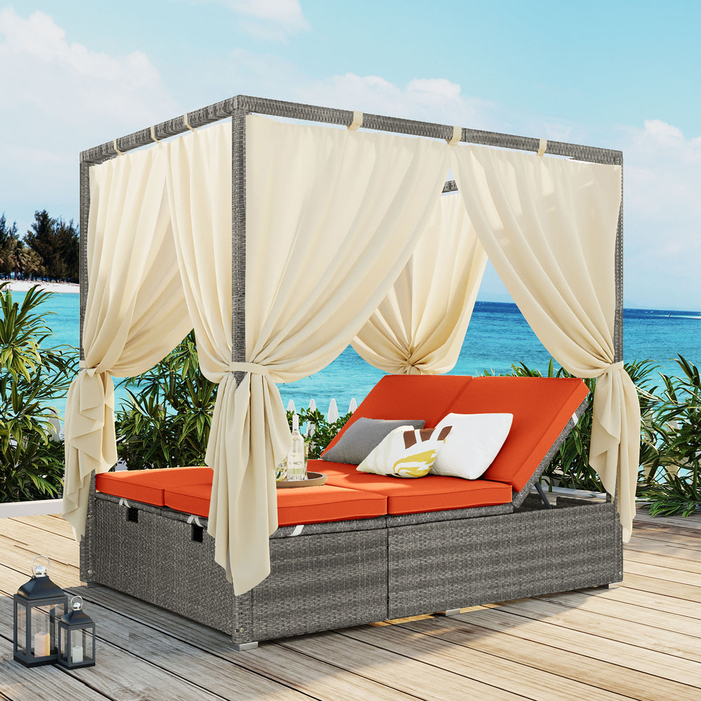 English Elm U_style Outdoor Rattan Steel Chaise Lounge with Shade Canopy and Reclining Cushioned Sunbed Orange WY000471AAO