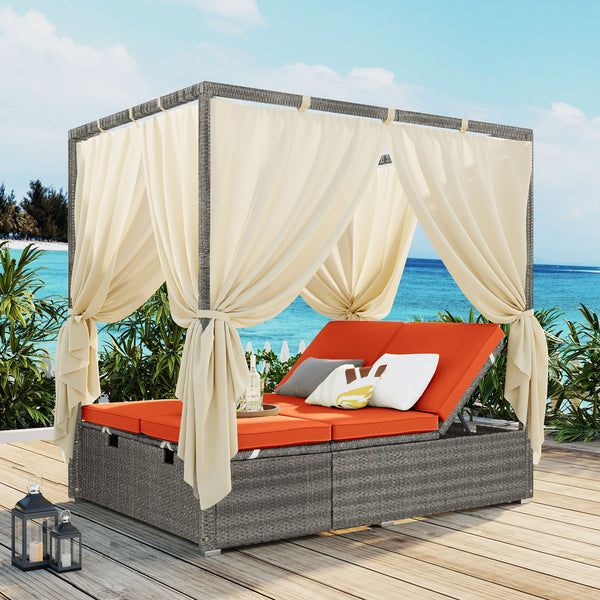 English Elm U_style Outdoor Rattan Steel Chaise Lounge with Shade Canopy and Reclining Cushioned Sunbed Orange WY000471AAO