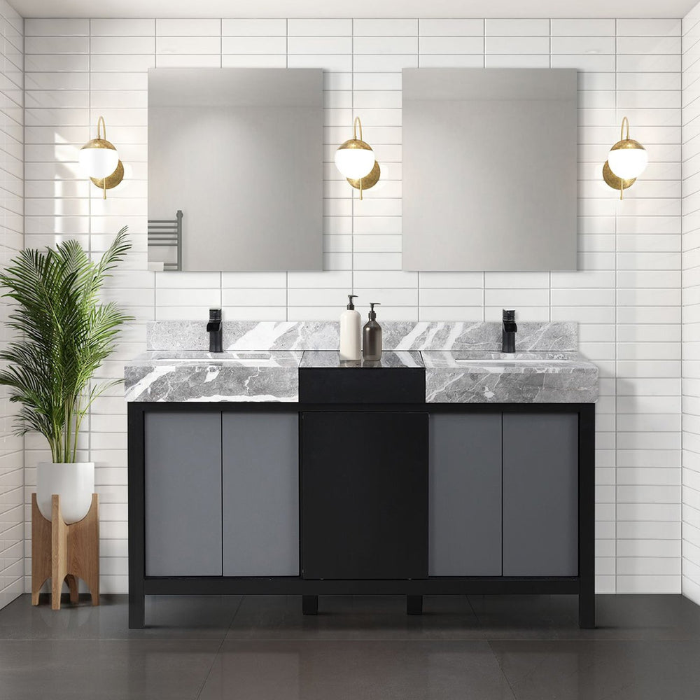 English Elm Black Double Bath Vanity 60" W With Castle Grey Marble Top, Matte Black Faucet Set & Ample Storage B2731P261107