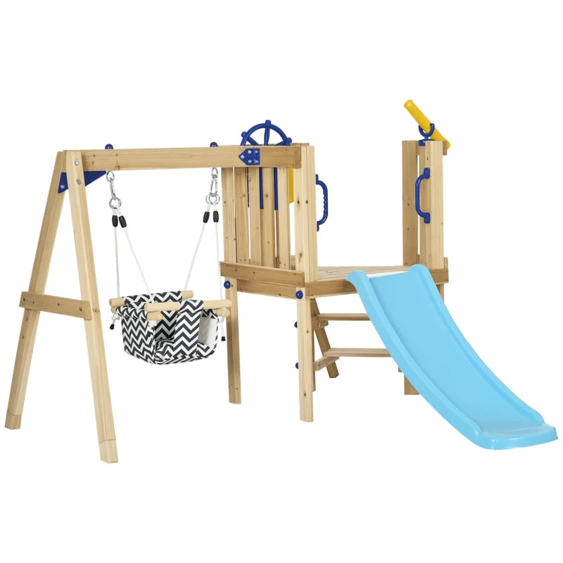 English Elm Wooden Toddler Playset with Swing Slide Fort and Climbing Platform for Backyard Fun T3971P438594