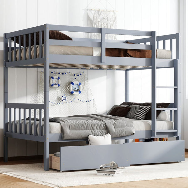 English Elm Twin Bunk Bed With Drawers - Space-Saving Convertible Twin Over Twin Design In Grey With Safety Features W504S00198-GIGA
