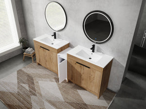 English Elm 84 Inch Freestanding Bathroom Vanity with Integrated Resin Sink, Soft-Close Doors, Shelves & Extra Storage Space Glossy White,Imitative Oak W999S00325