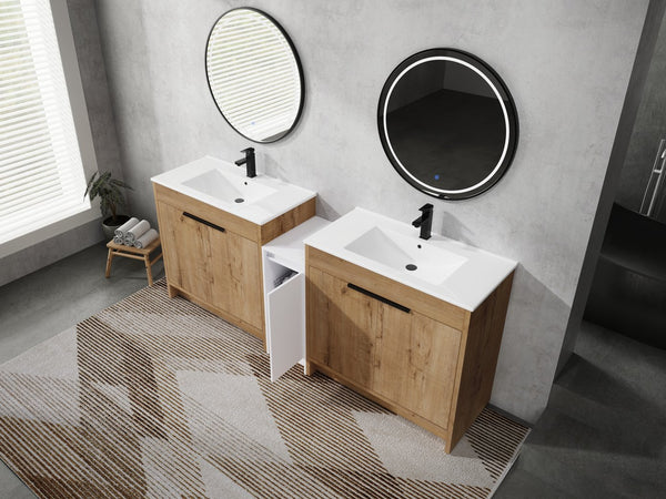 English Elm 84 Inch Freestanding Bathroom Vanity with Integrated Resin Sink, Soft-Close Doors, Shelves & Extra Storage Space Glossy White,Imitative Oak W999S00325