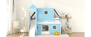 English Elm Twin Castle Loft Bed with Slide Tent Tower and Play Space for Kids Rooms Blue N708P249511C
