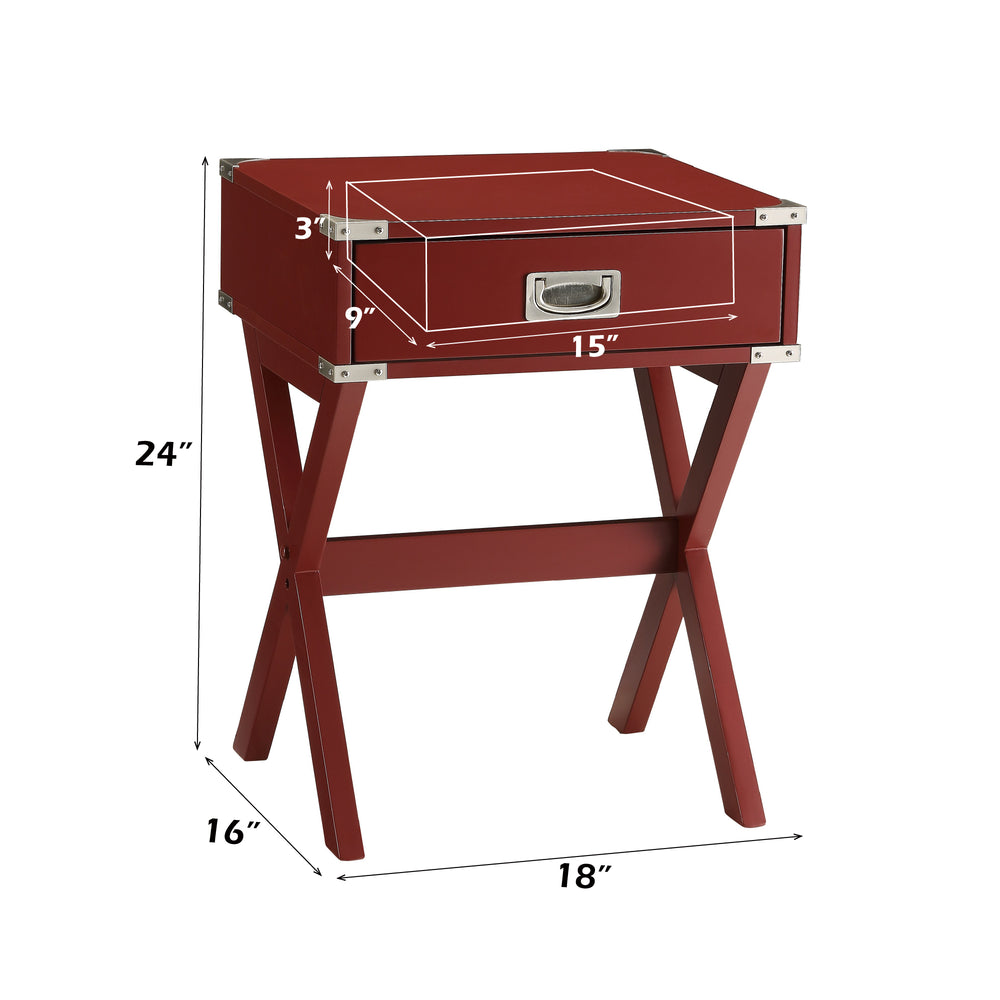 English Elm Babs Industrial Accent Table with X Base Metal Hardware and Single Storage Drawer Red B2726P270995