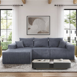 English Elm 4-Piece Modular L-Shaped Sectional Sofa with Corduroy Upholstery, Convertible Chaise, Pillows Included Grey W3163S00037