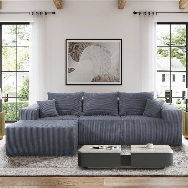 English Elm 4-Piece Modular L-Shaped Sectional Sofa with Corduroy Upholstery, Convertible Chaise, Pillows Included Grey W3163S00037