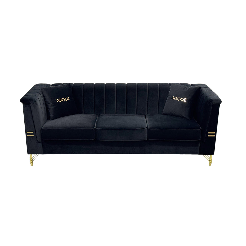 English Elm Fx-P82-Bk2 Modern Velvet 3-Seater Sofa With 2 Pillows | Elegant Chesterfield Design & Glam Gold Legs W576S00215