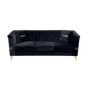 English Elm Fx-P82-Bk2 Modern Velvet 3-Seater Sofa With 2 Pillows | Elegant Chesterfield Design & Glam Gold Legs W576S00215