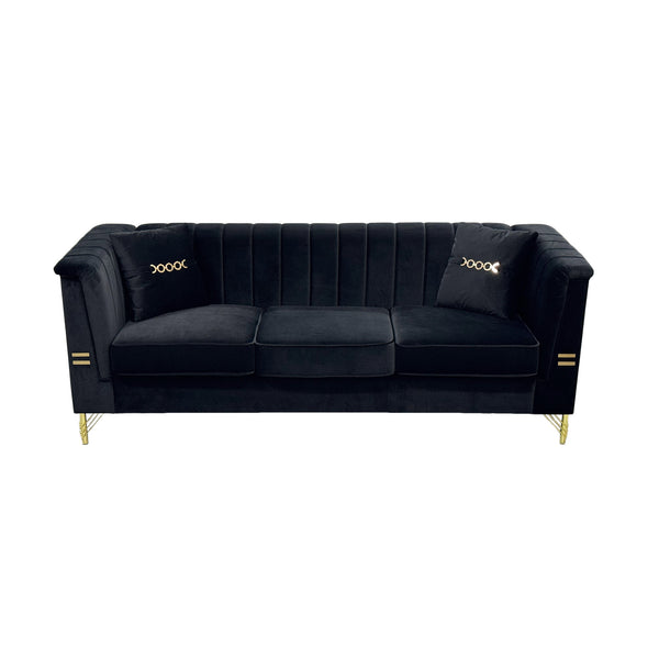 English Elm Fx-P82-Bk2 Modern Velvet 3-Seater Sofa With 2 Pillows | Elegant Chesterfield Design & Glam Gold Legs W576S00215