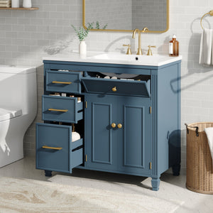 English Elm [video] 36 Inch Freestanding Bathroom Vanity Ceramic Sink Acacia Legs Gray Blue Cabinet N759P284623C