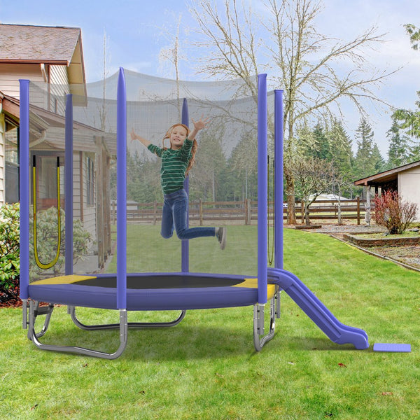 English Elm 7ft Hexagonal Kids Outdoor Trampoline with Enclosure Net Slide and Ladder Purple N739P272805A
