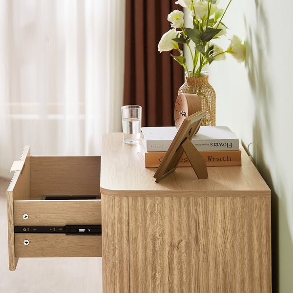 English Elm 3 Drawers Chest - Modern Oak Dresser With Curved Wave Design, Perfect Nightstand & Storage Solution W1820P335659