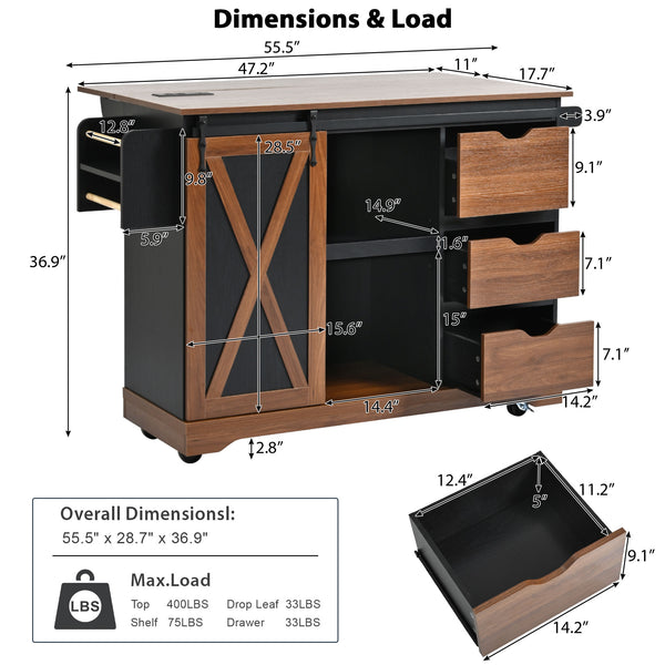 English Elm K&K 55.5" Farmhouse Kitchen Island with Sliding Barn Door, Drop Leaf, Charging Station, Wheels Black N707P288229B