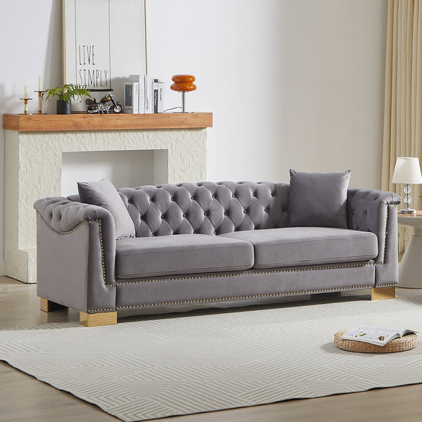 English Elm {video] Tufted Black Velvet Chesterfield Sofa with Gold Studs Three Seat Living Room Grey W1926S00098