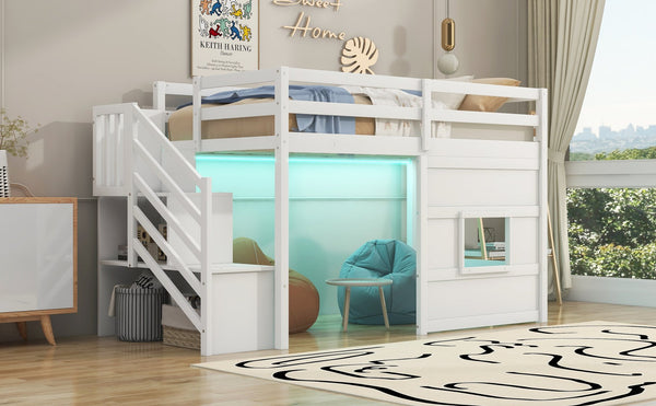 English Elm Twin Loft Bed Pinewood Frame with Storage Staircase Led Lighting and Window Cutout White GX000436AAK