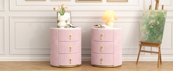 English Elm 2 Upholstered Nightstand Set with 3 Drawers, Round Velvet Bedside Table, Marble Top & Metal Handles Pink 24 L x 19.5 W x 18.89 H N733S272609H
