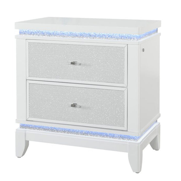 English Elm ADALID White Nightstand with Glittered Drawer Front, LED Lighting, 2 Spacious Drawers, Solid Wood Finish B201P288342