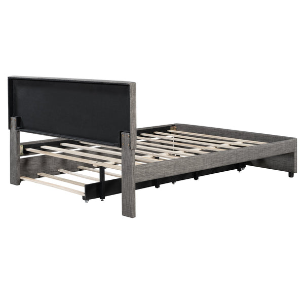 English Elm Queen Linen Upholstered Platform Bed with Brick Textured Headboard and Pull Out Trundle SF000004AAE-1