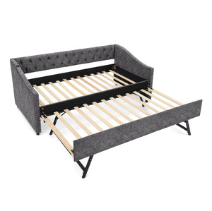 English Elm Twin Daybed with Pull Out Trundle Usb Charging Tufted Upholstered Sofa Guest Bed Grey W1413S00157