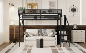 English Elm Twin Xl Loft Bed With Stairs & Storage Shelves, Metal High Bed For Teens & Small Spaces, Black W2580S00049-GIGA